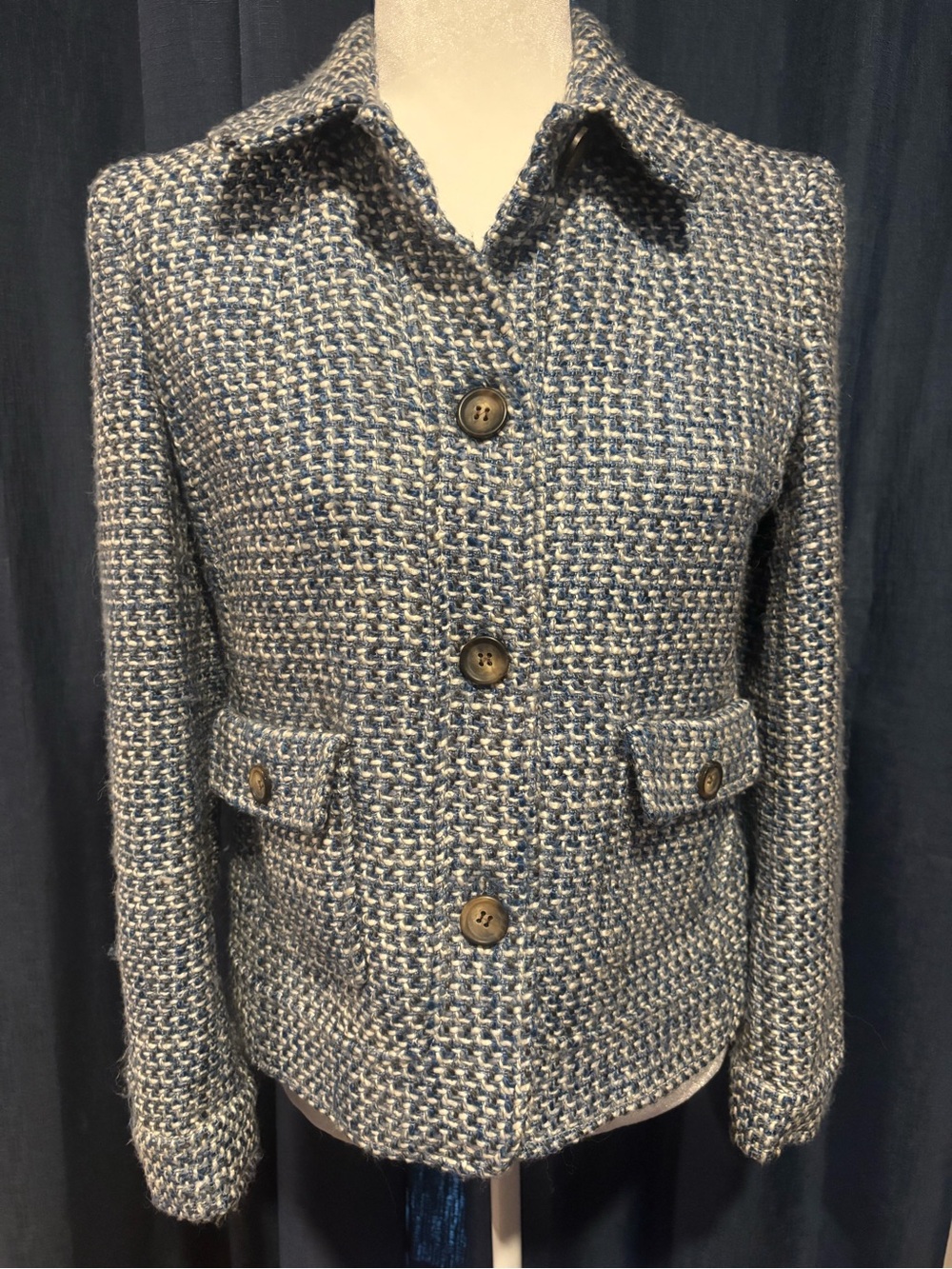Talbots Blue and Cream Bouclé Button Front Jacket